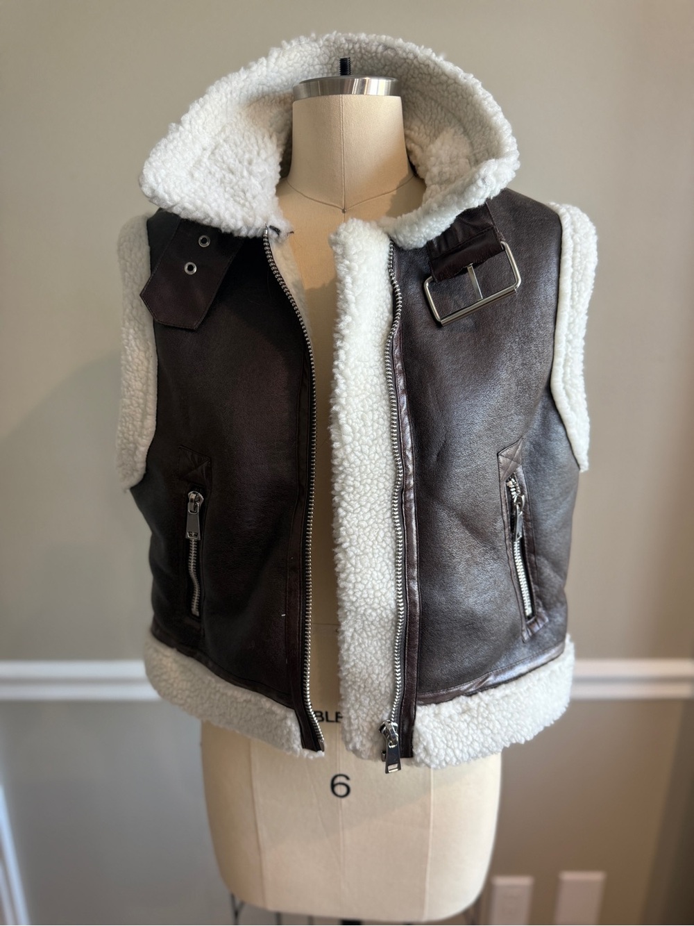 Brown Faux Shearling Hooded Vest with Buckle Detail